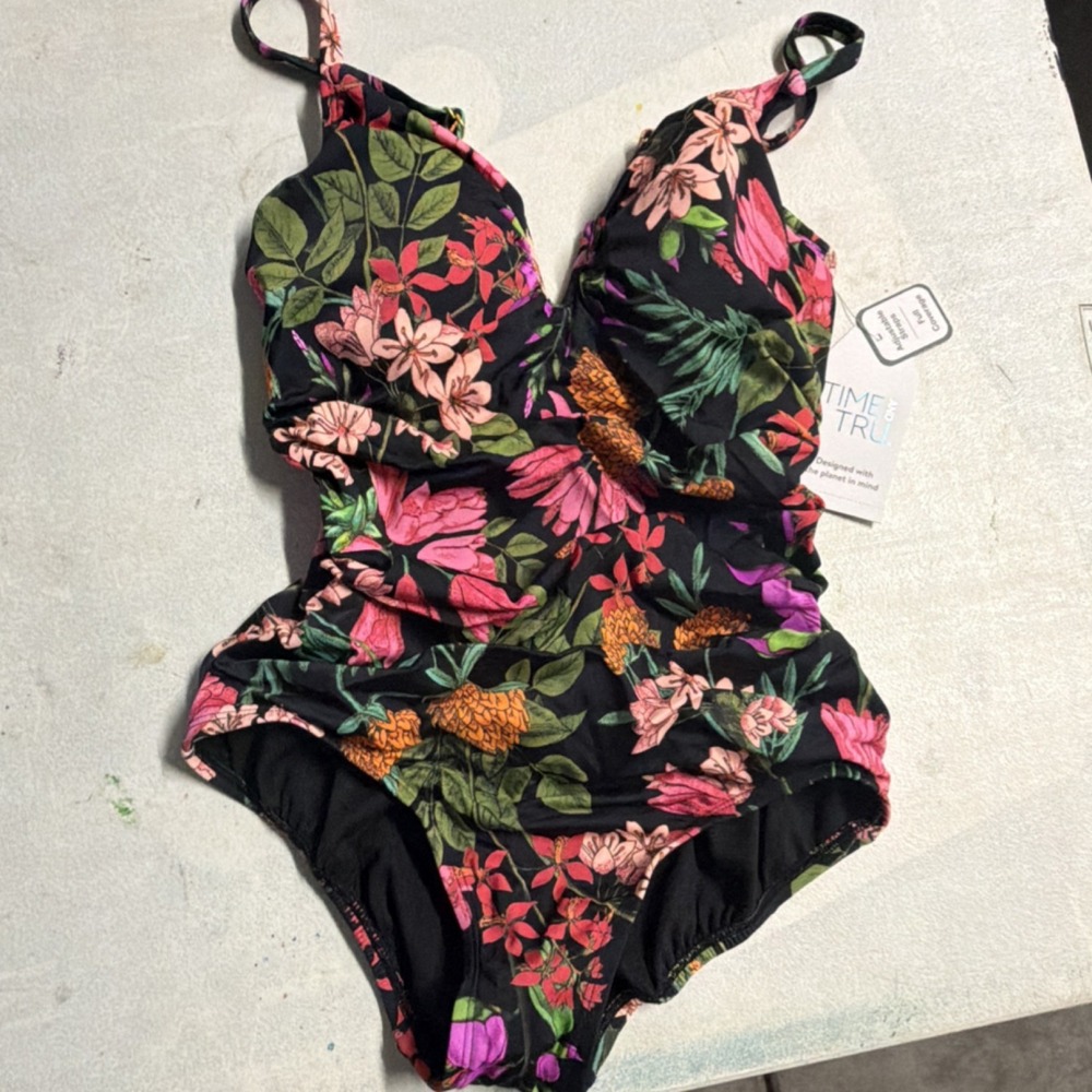 (M 8-10) Time and Tru Women's Floral One Piece Swimsuit Ruched Adjustable Straps